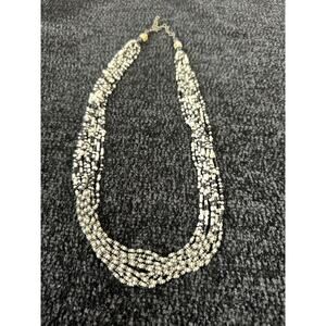 Multistrand Black, White , Silver Beaded Necklace 24inches Lobster Claw Clasp